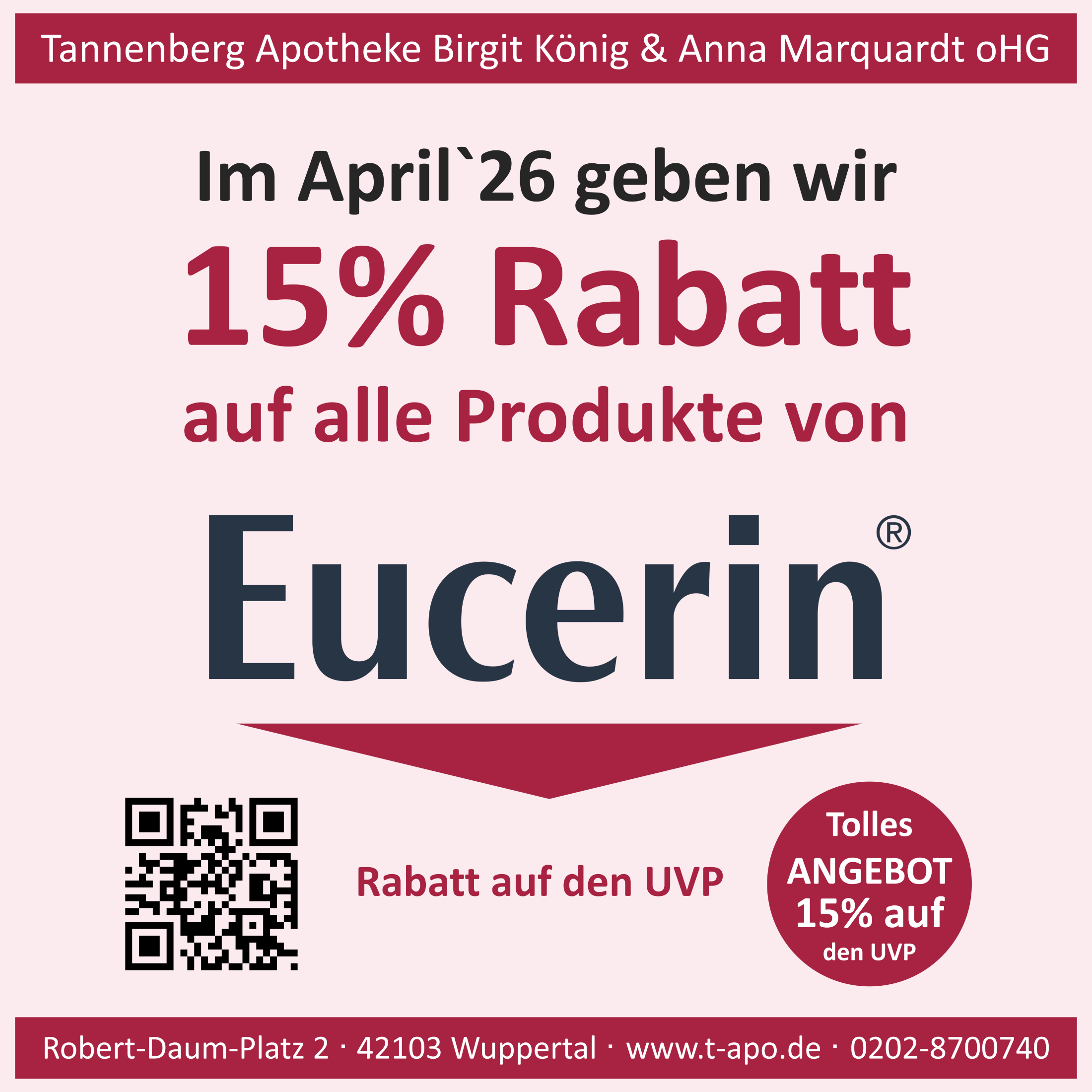 Im April 2026 geben wir 15% Rabatt auf den UVP aller Kosmetikprodukte von Eucerin.